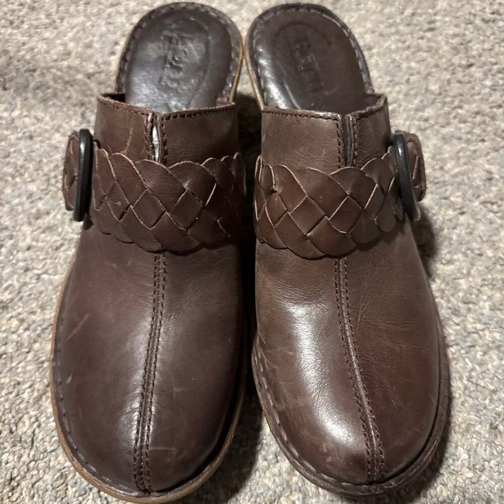 Born Mahal Brown Leather Braided Strap Buckle Clog Mules